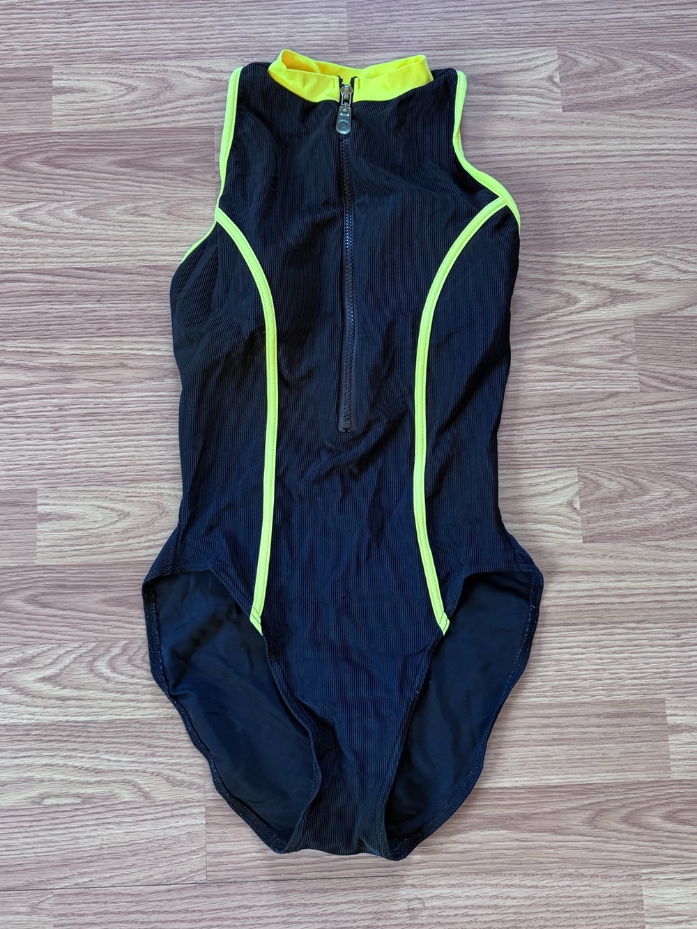 Vintage Baltex Sport Zip-Up Swimsuit black and yellow ribbed sexy high leg sz 10